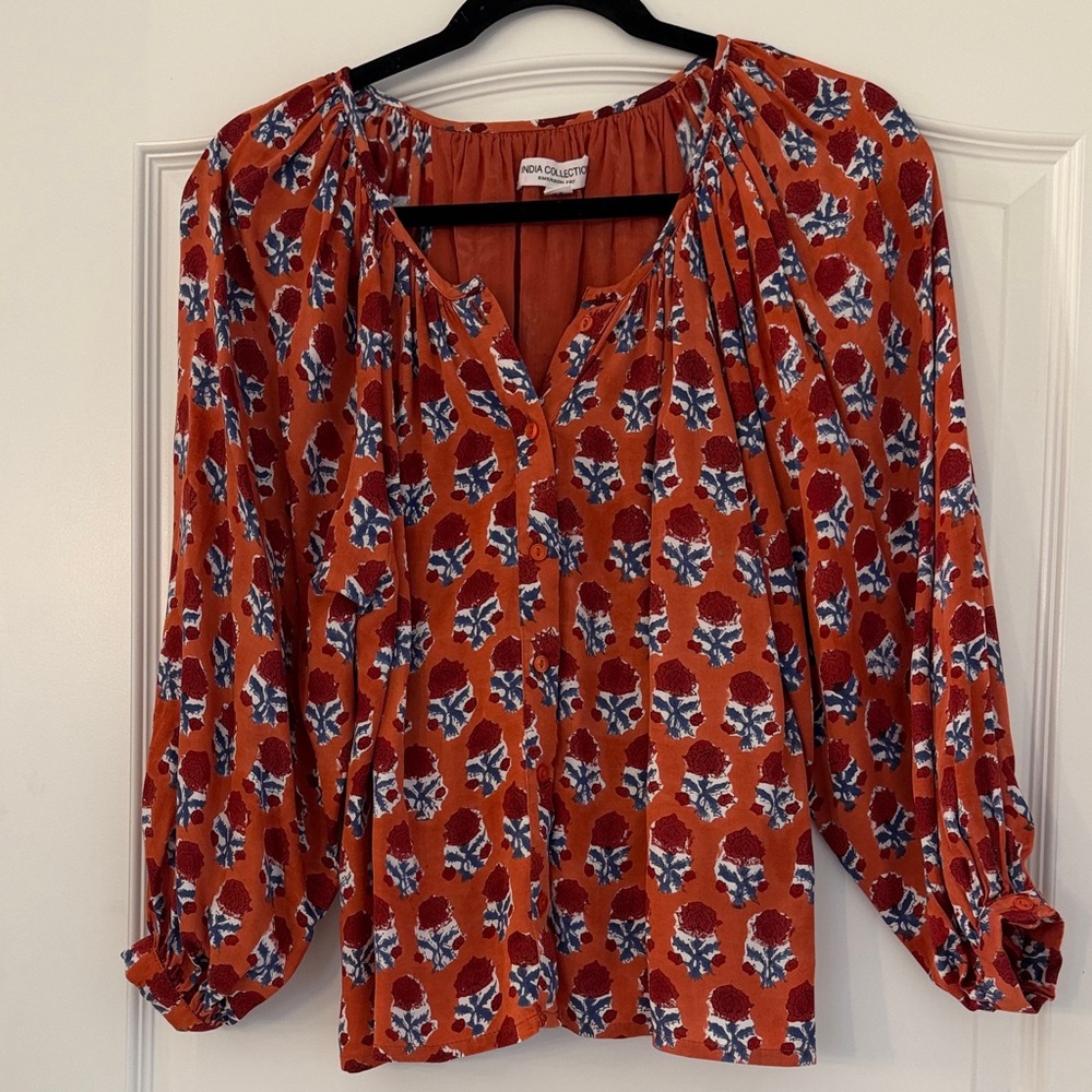 Emerson Fry Orange and Blue Patterned Blouse